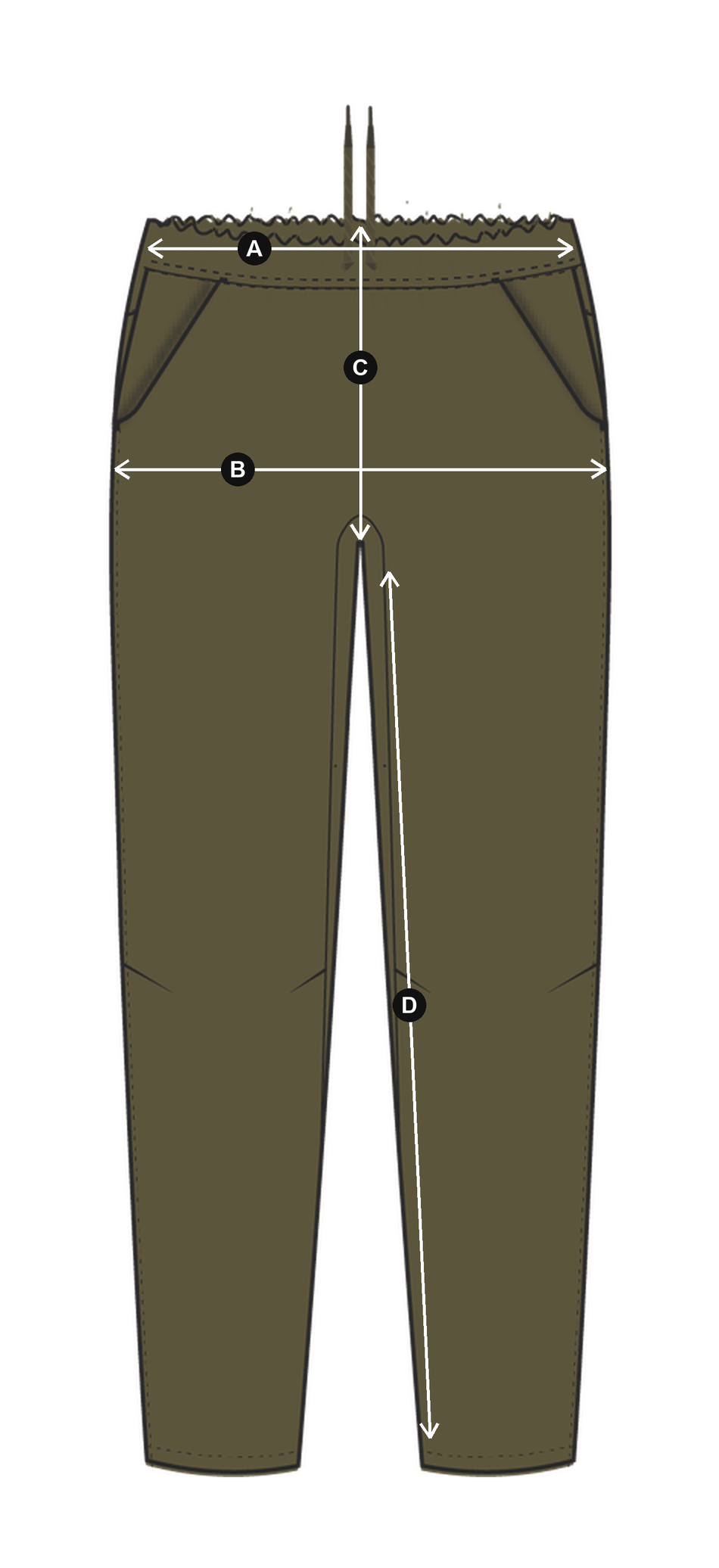 Daylight™ Pants in Ivy Green, laid flat with measurements A to D