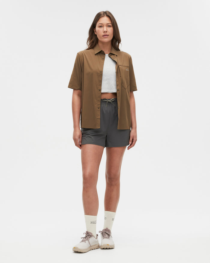 Bianca wearing the Teak shirt, size XS