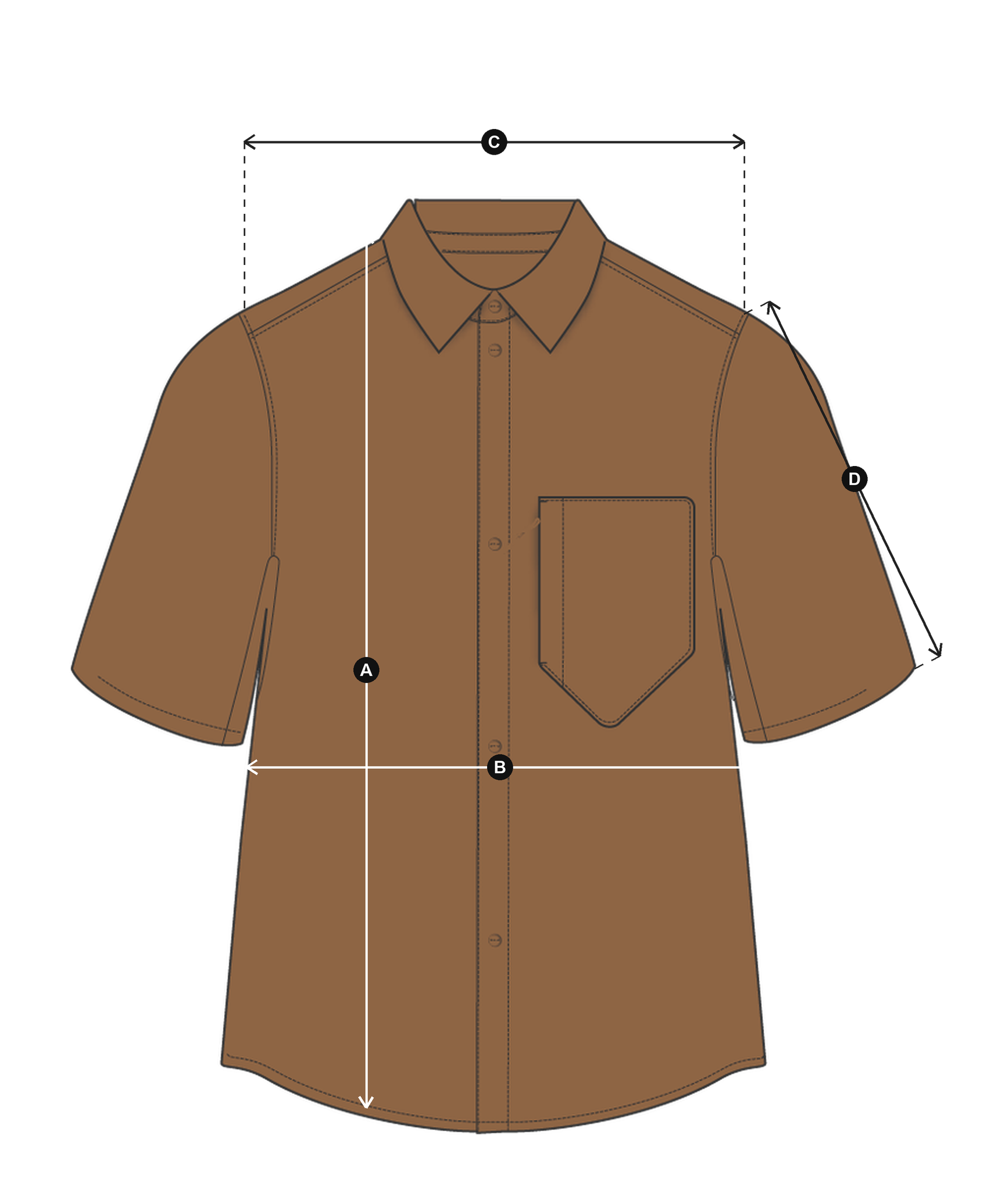 Daylight™ Technical Short Sleeve Shirt in Teak, laid flat with measurements A to D