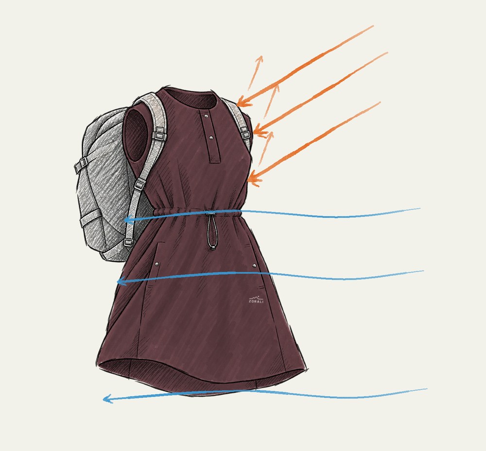 Sketch of the dress showing sun on the shoulders and airflow through the body and under the hem