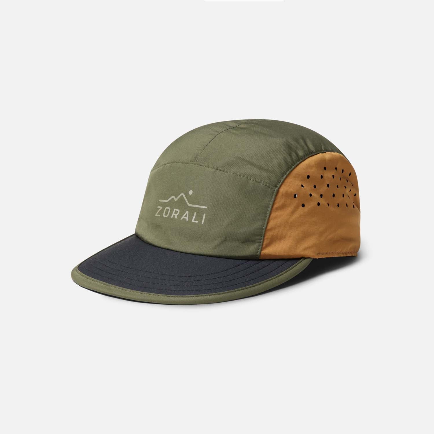An olive green and ochre beige baseball cap with perforations on the side, featuring a moisture-wicking sweatband and an adjustable shock cord.