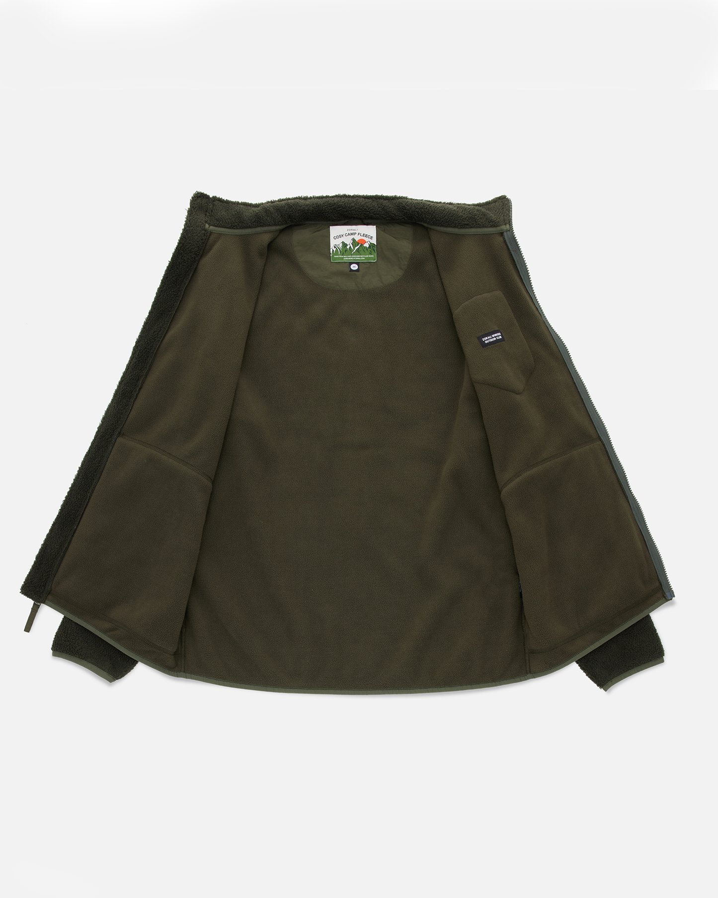 An olive green fleece jacket shown open from the back, featuring a small Patagonia logo patch on the left shoulder and a brand label inside the collar, laid flat on a light gray background.