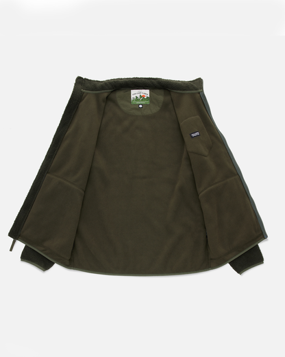An olive green fleece jacket shown open from the back, featuring a small Patagonia logo patch on the left shoulder and a brand label inside the collar, laid flat on a light gray background.