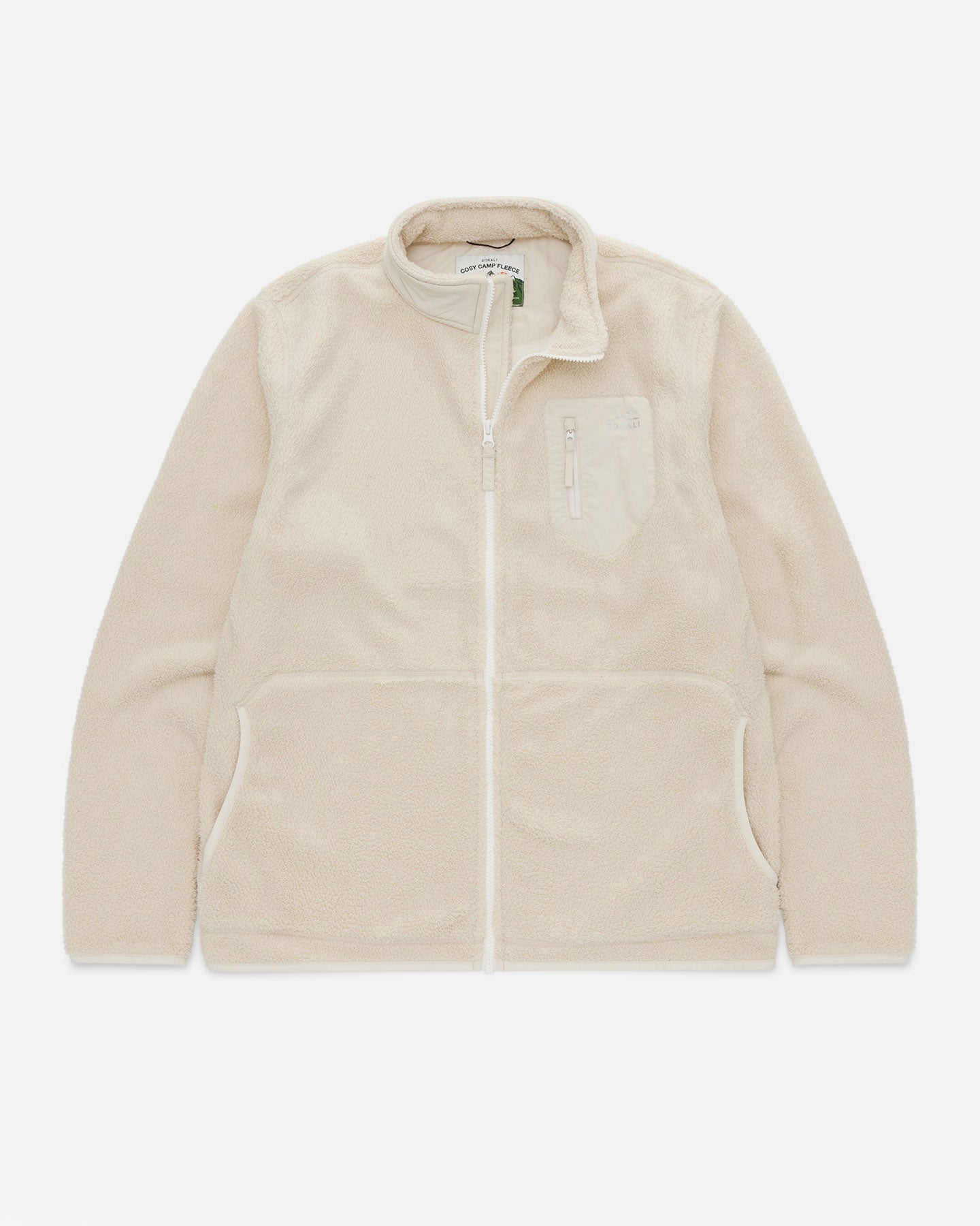 Cream sherpa fleece jacket laid flat, showing the zip front, chest pocket, and Cosy Camp Fleece woven label at the collar.