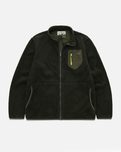 A dark olive green fleece jacket with a full-zip front, a stand-up collar, a chest pocket with a vertical yellow zipper pull, and side zippered pockets, shown against a light gray background.