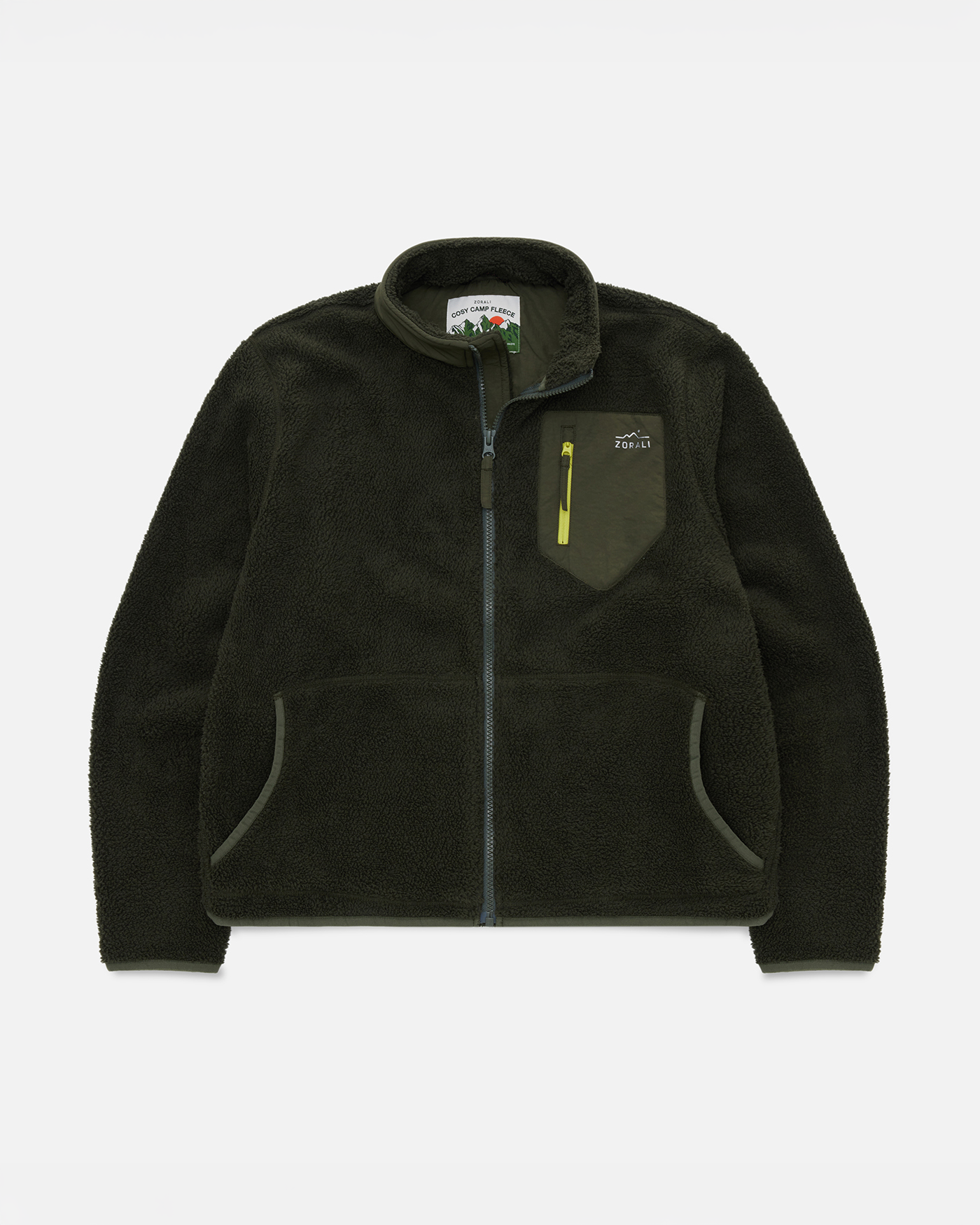A dark olive green fleece zip-up jacket with a chest pocket featuring a yellow zipper and a small white logo, displayed flat against a light gray background.