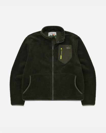 A dark olive green fleece zip-up jacket with a chest pocket featuring a yellow zipper and a small white logo, displayed flat against a light gray background.