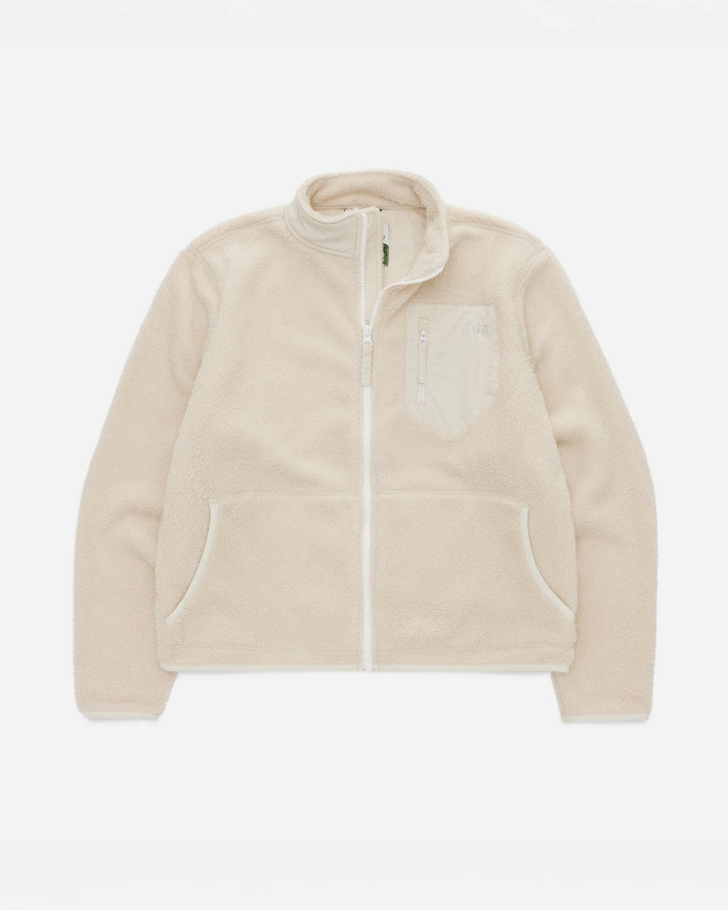 A light beige fleece zip-up jacket with a stand-up collar, a front zipper, a chest pocket with a tonal embroidered logo, and two front hand pockets, shown on a plain white background.