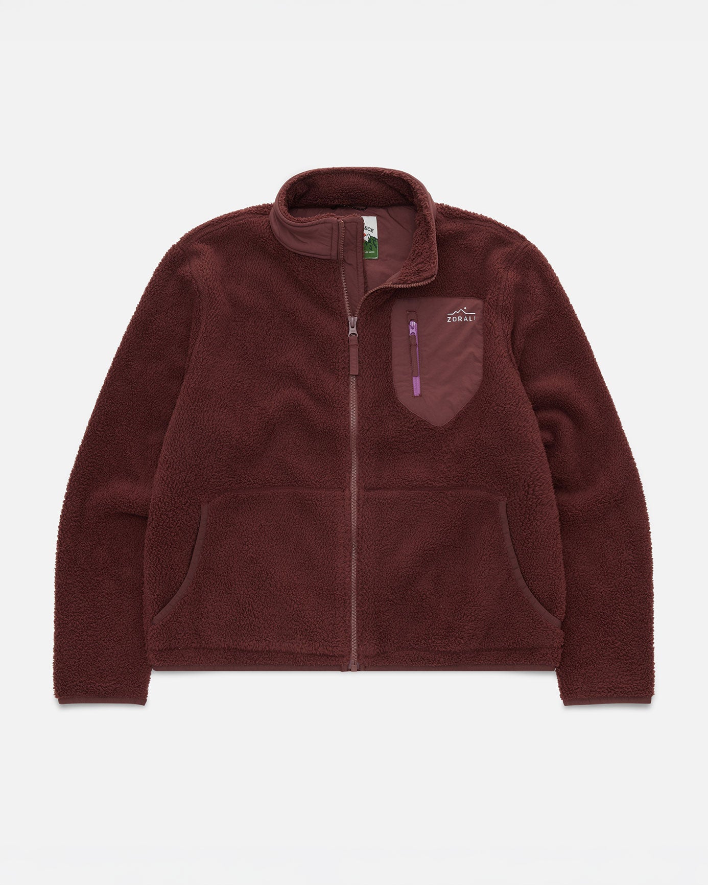Maroon sherpa fleece jacket laid flat, showing the zip front, chest pocket with purple zipper pull, and Cosy Camp Fleece woven label.