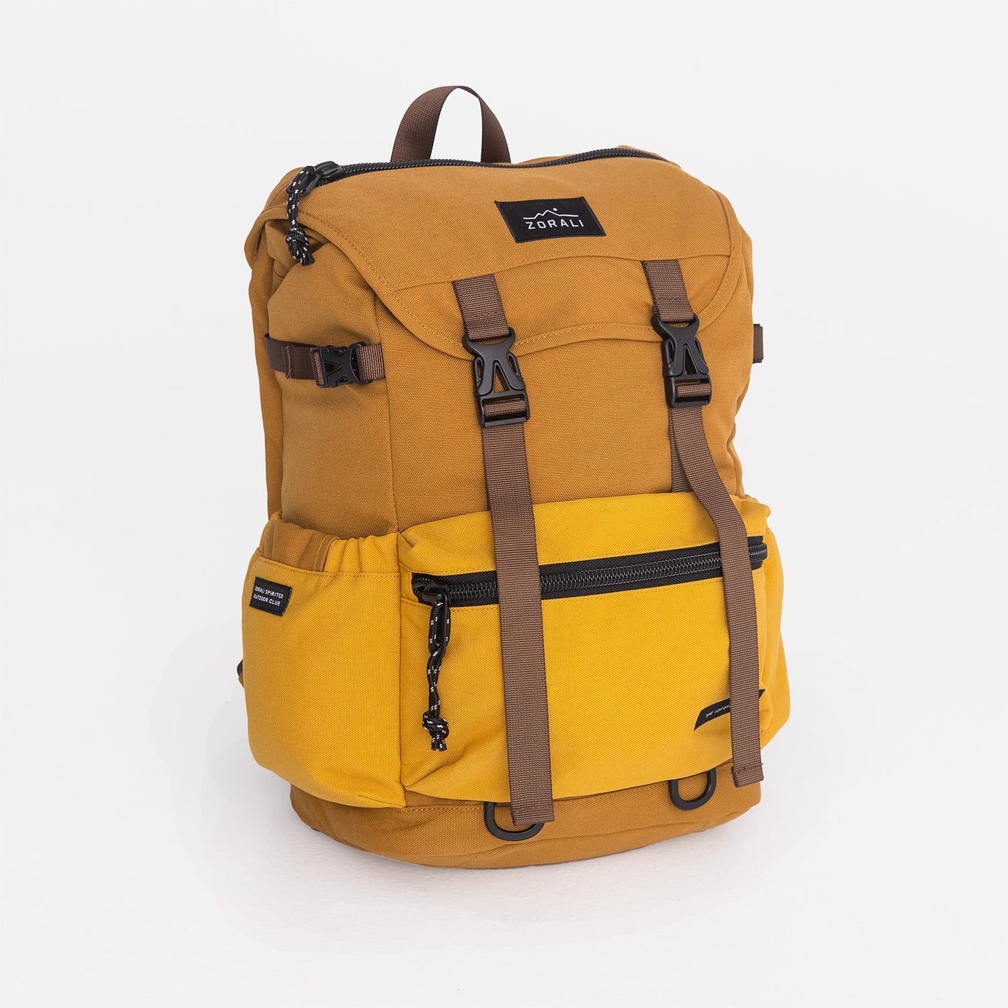 Yellow backpack with brown straps on a white background