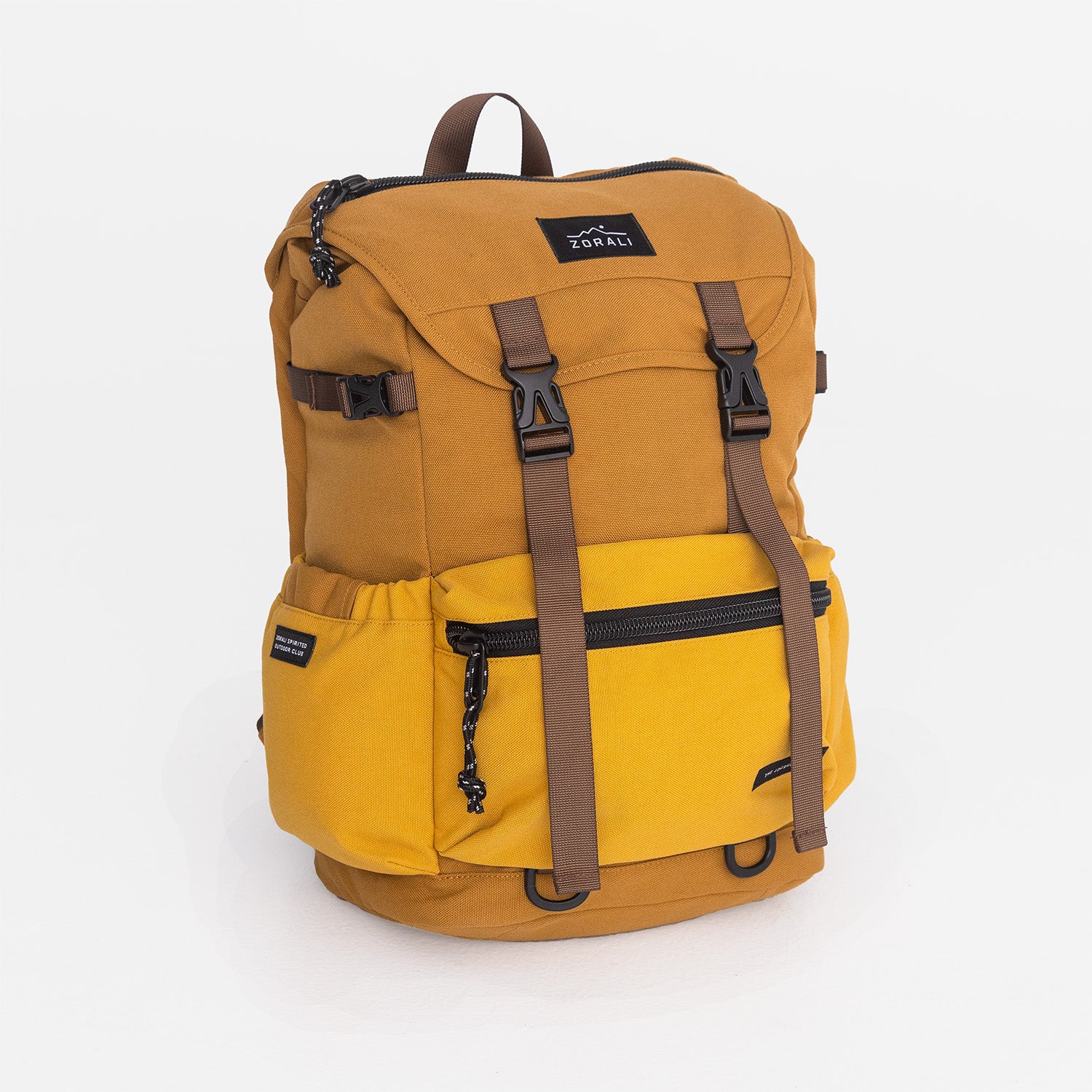 Yellow backpack with brown straps on a white background