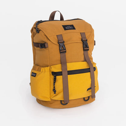 Yellow backpack with brown straps on a white background