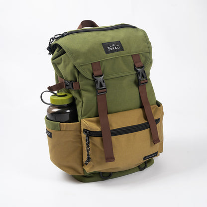 A khaki green backpack with multiple compartments and straps, displayed against a white background.