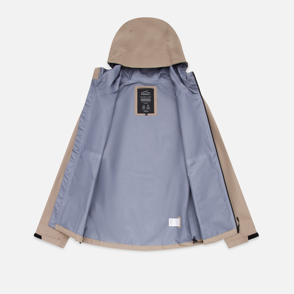 Two-tone jacket with gray body and beige hood on a white background