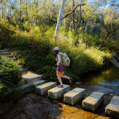 Person with a backpack crossing stepping stones over a stream in a forest