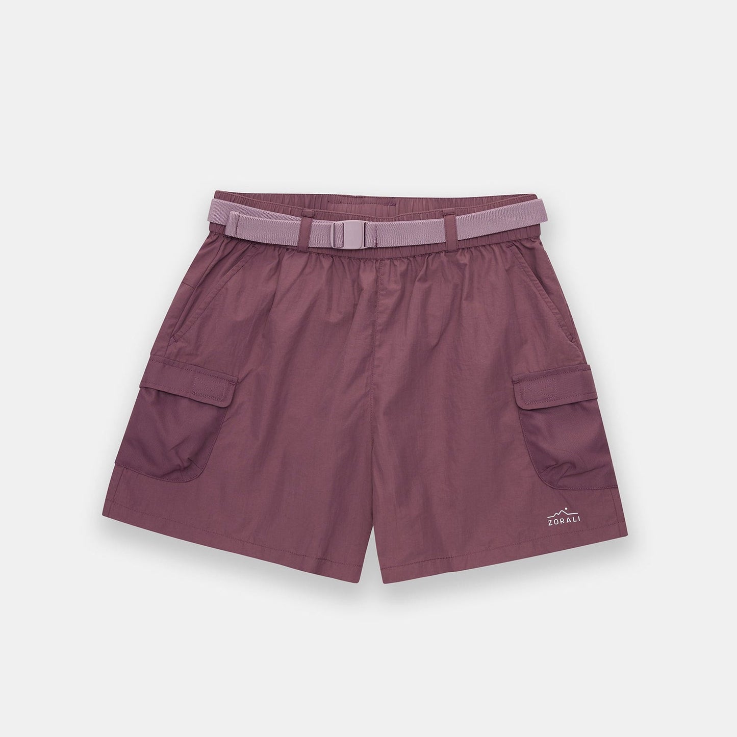 Maroon shorts with a belt on a light gray background