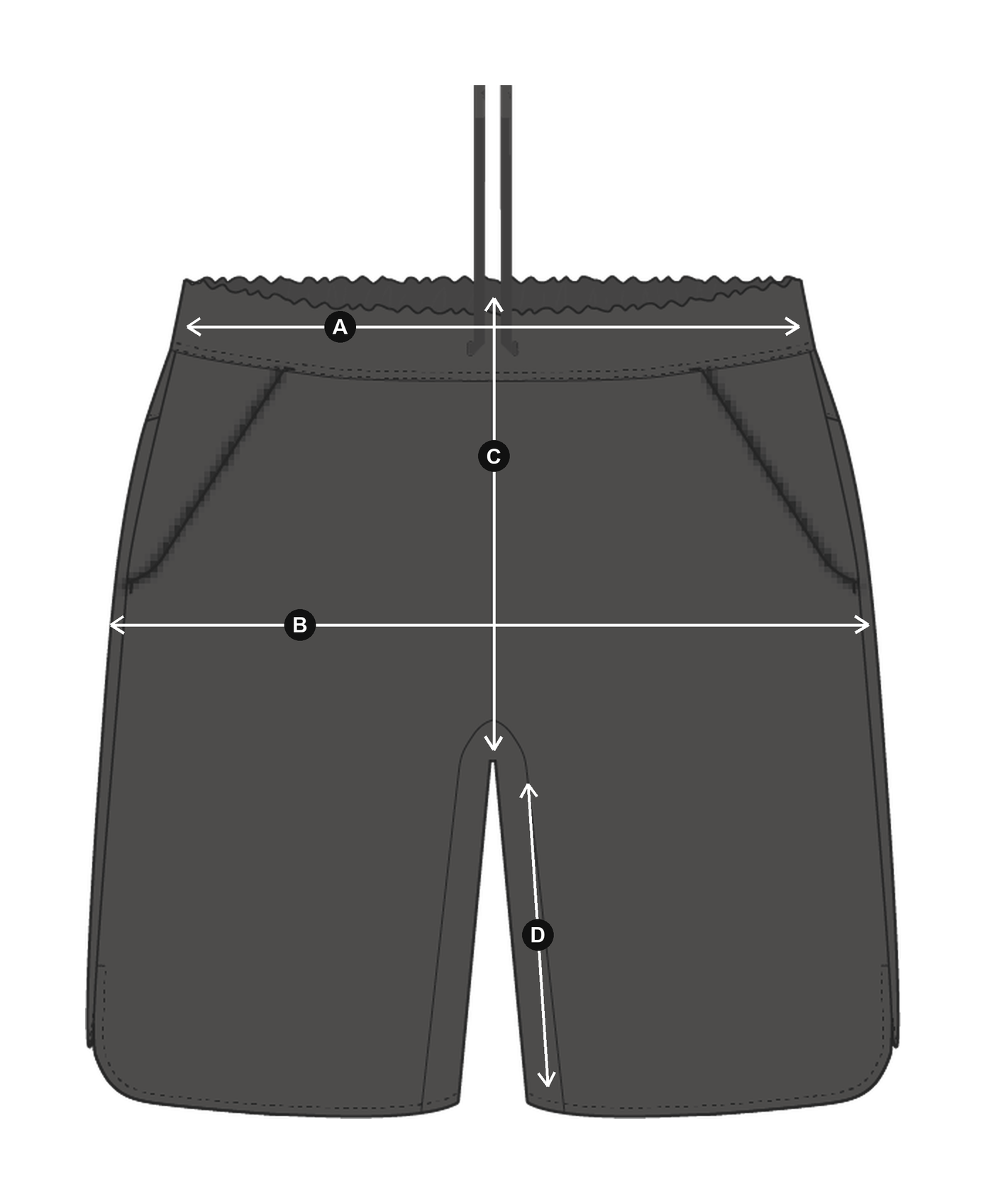 Daylight™ Shorts in Ash, laid flat with measurements A to D