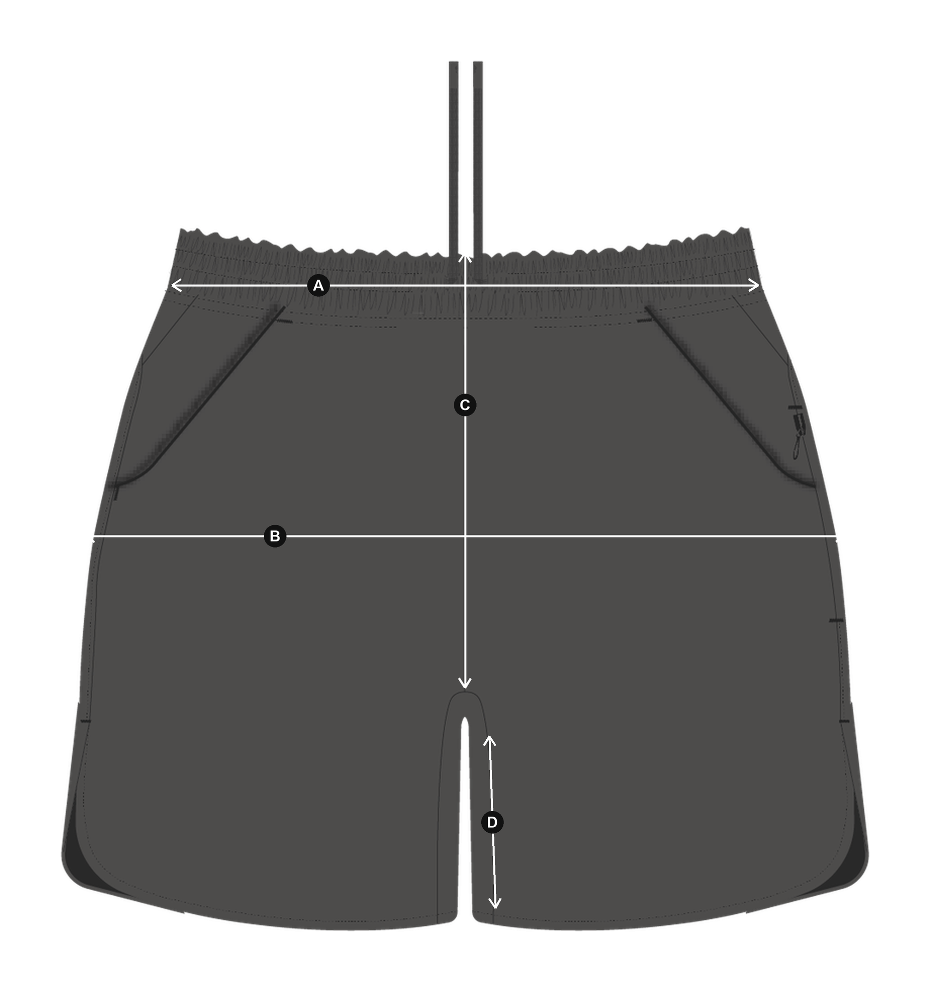 Daylight™ Shorts in Ash, laid flat with measurements A to D