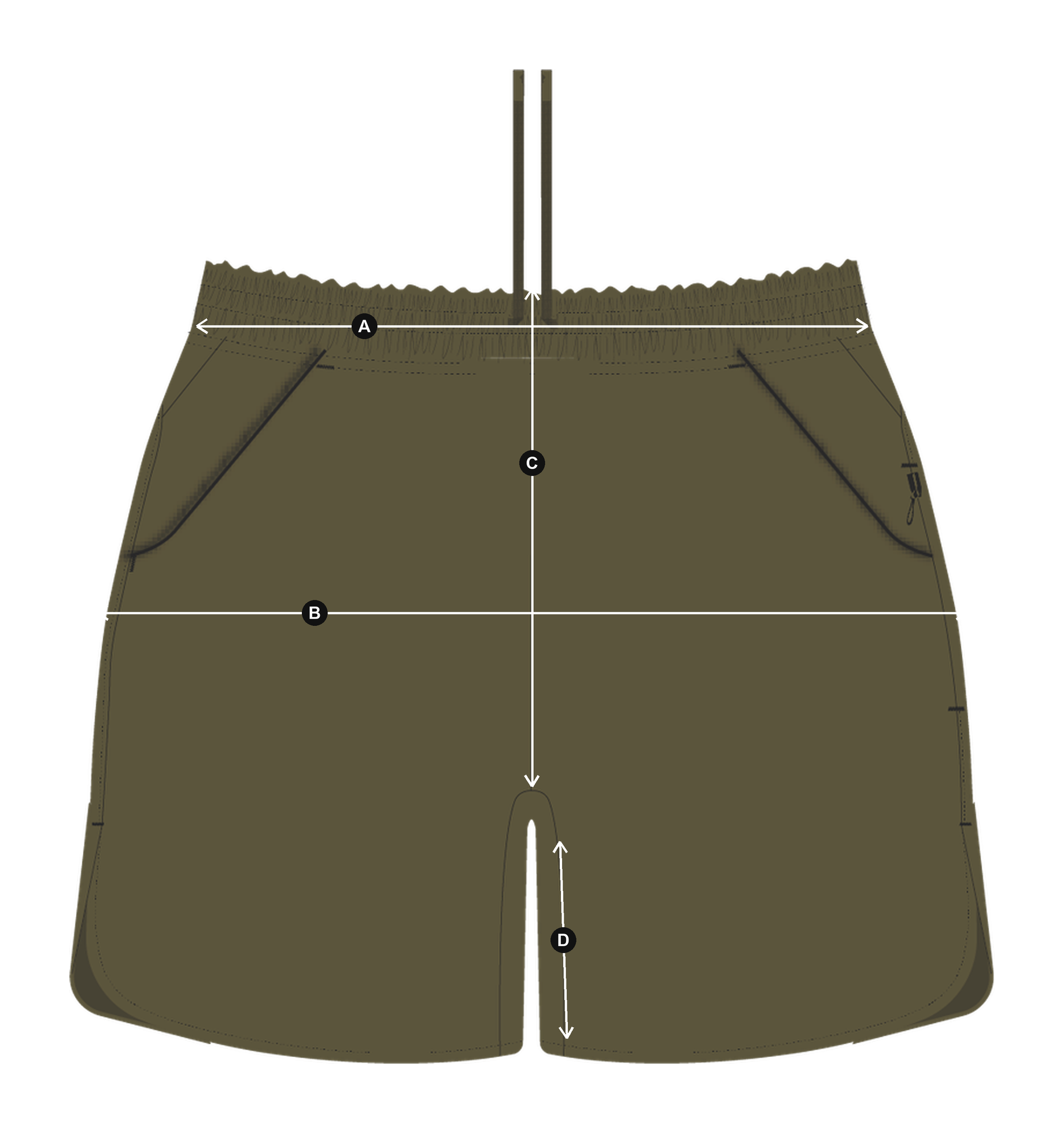 Daylight™ Shorts in Ivy Green, laid flat with measurements A to D