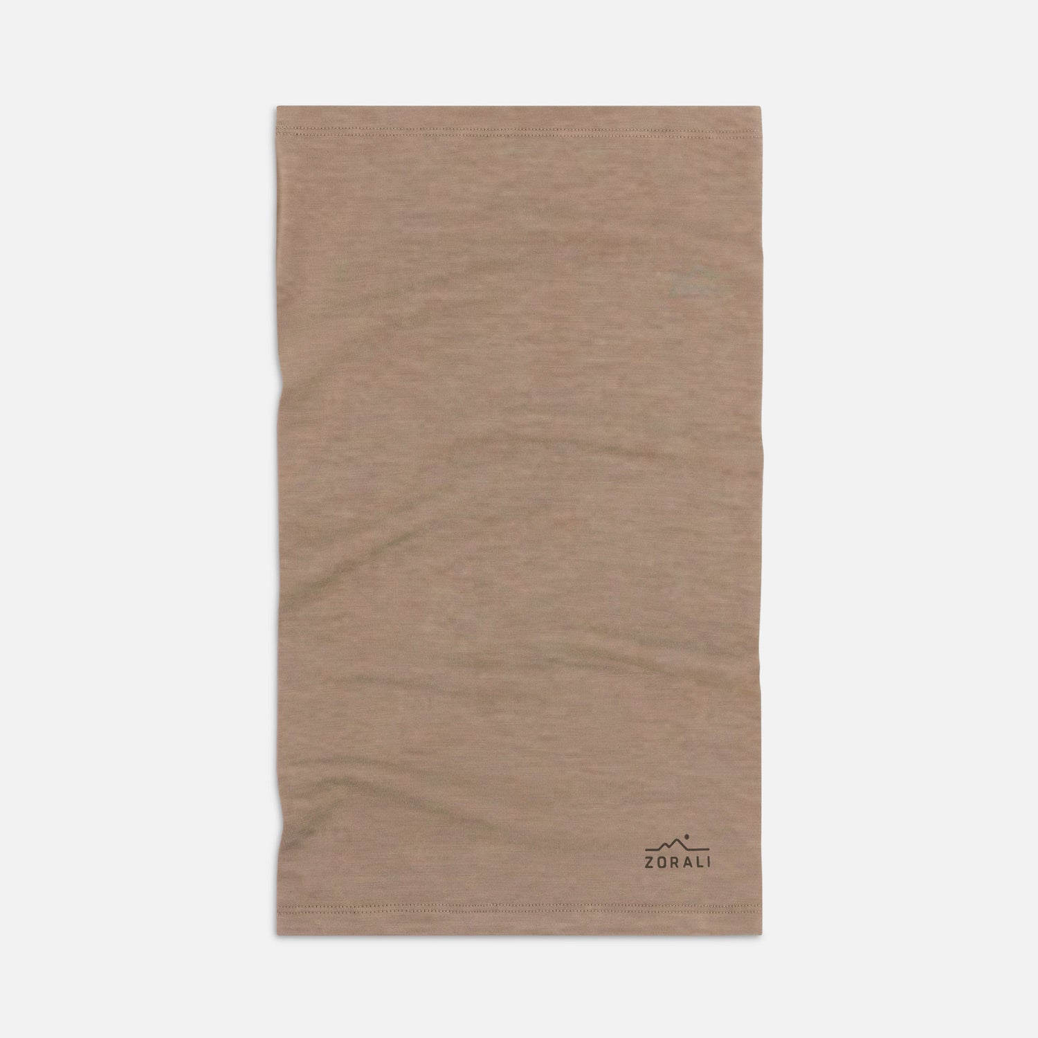 Beige neck gaiter with a brand logo on a white background