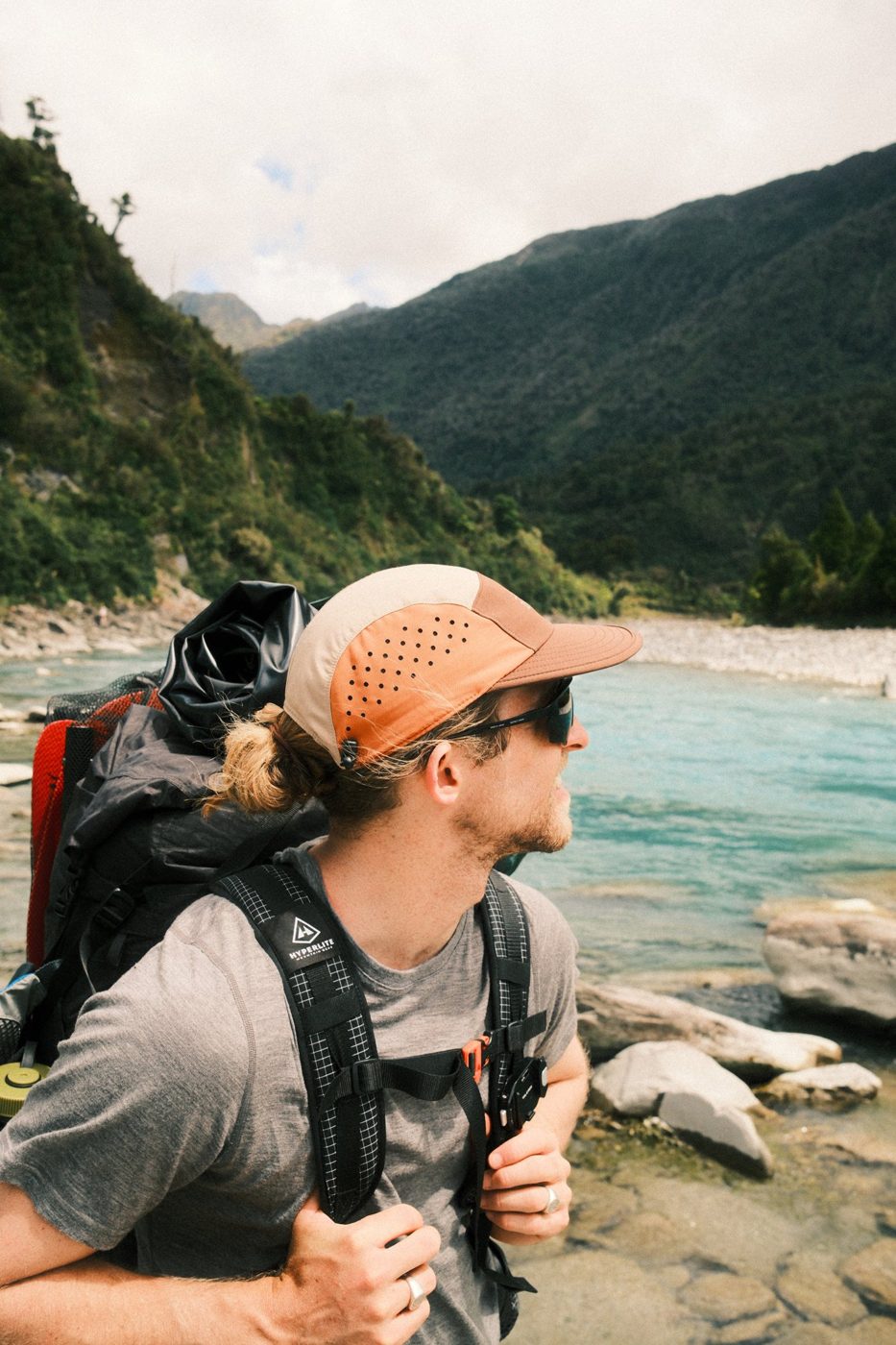 Air-Trek Cap in Coffee Spice at a river crossing