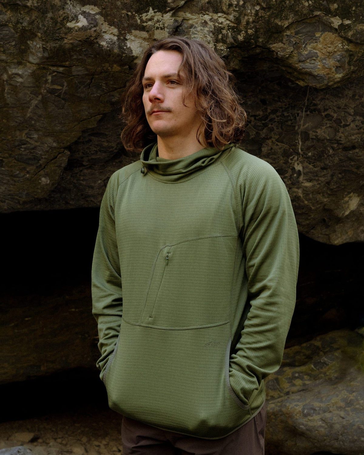 Air-Grid Fleece in Bush Green with the front pocket and zip stash pocket