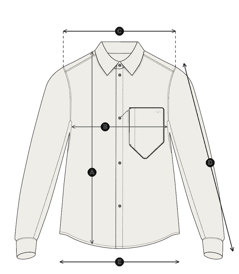 Shirt laid flat with measurements A to E