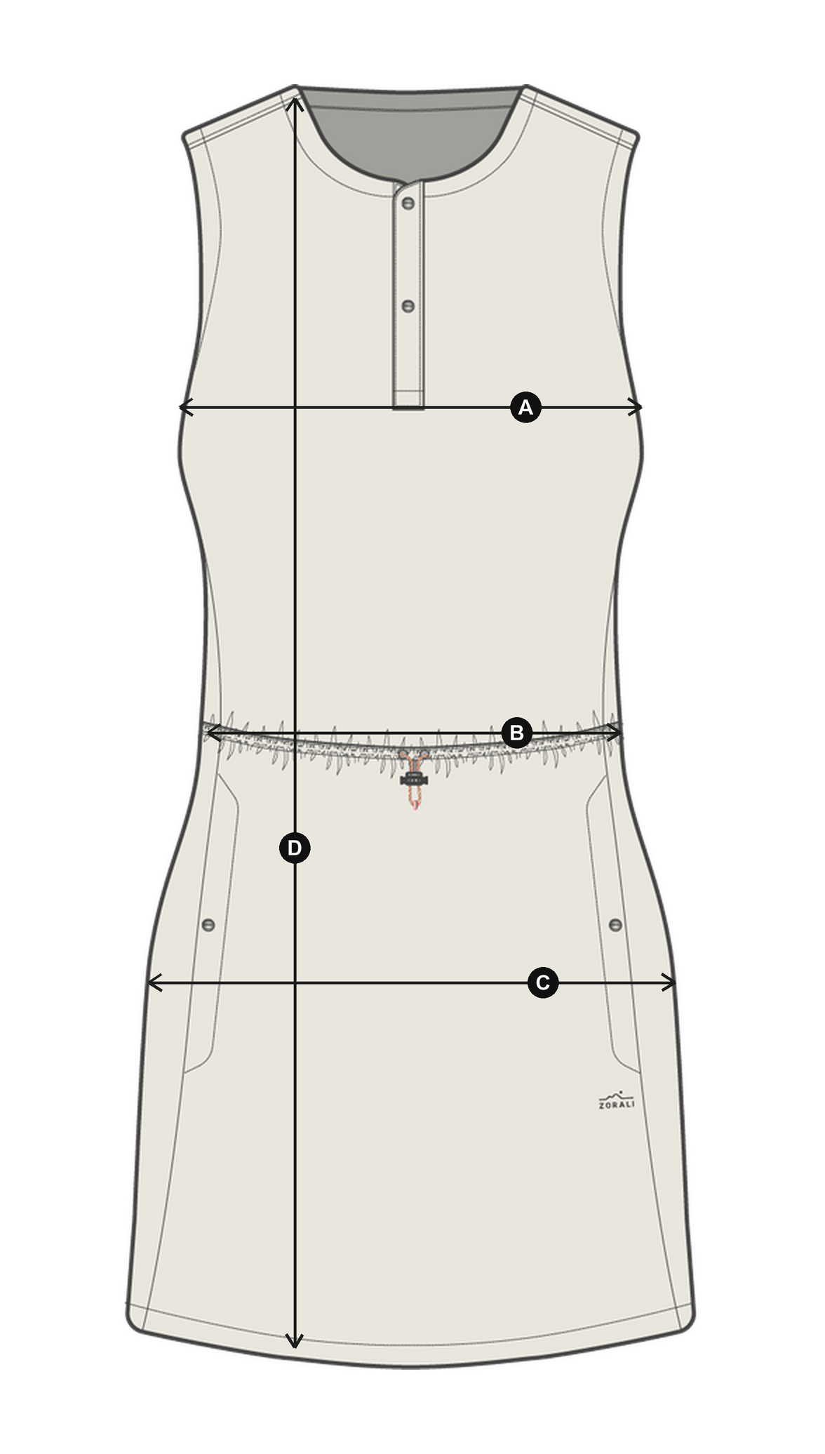 Daylight™ Motion Dress in Beachwood, laid flat with measurements A to D