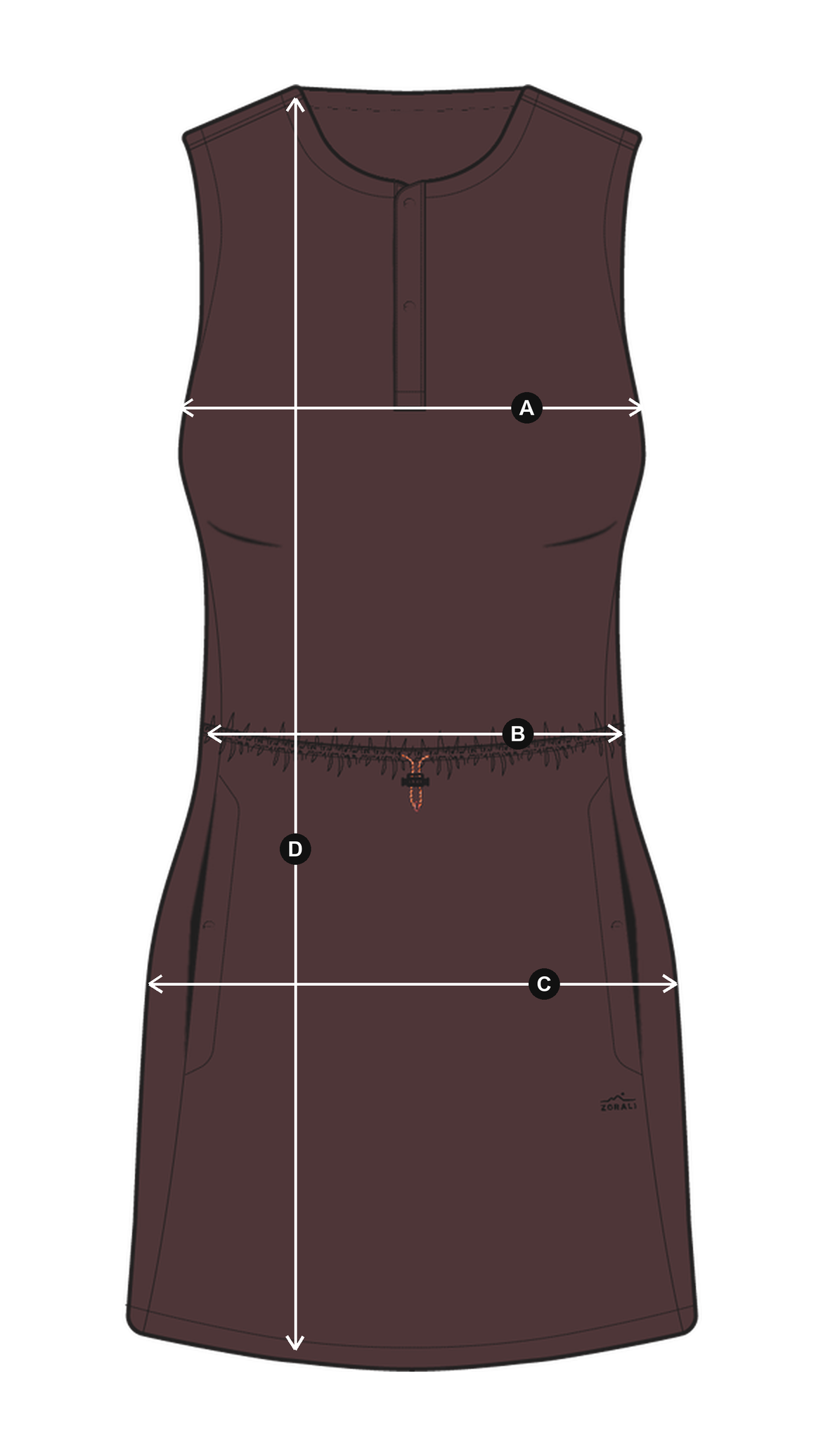 Daylight™ Motion Dress in Cacao, laid flat with measurements A to D