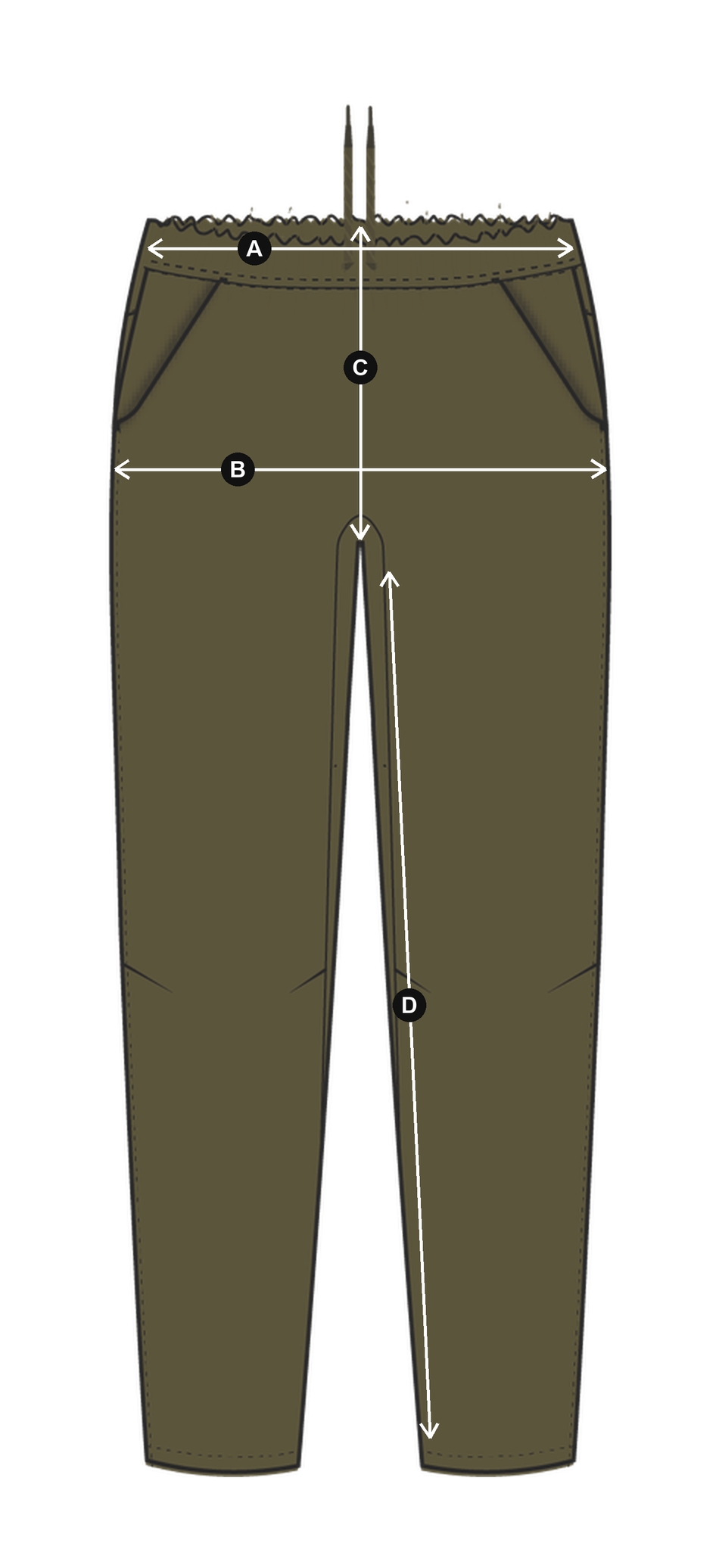 Daylight™ Pants in Ivy Green, laid flat with measurements A to D