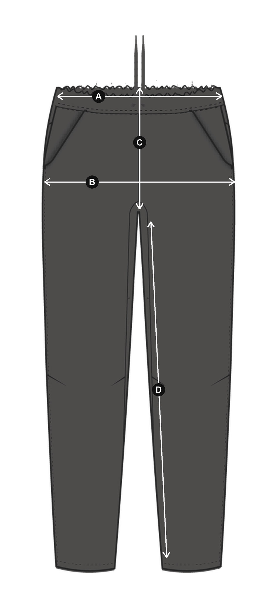 Daylight™ Pants in Ash, laid flat with measurements A to D
