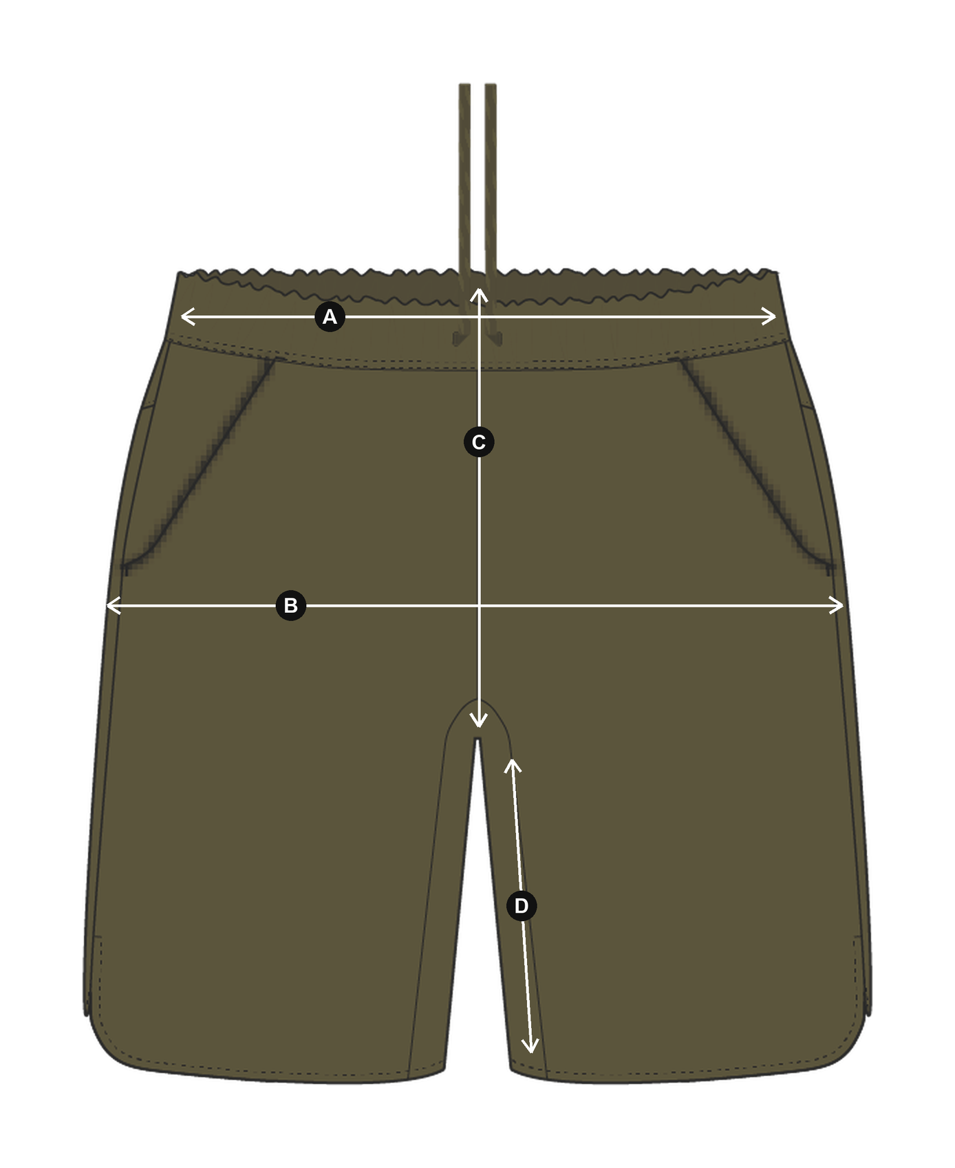 Daylight™ Shorts in Ivy Green, laid flat with measurements A to D