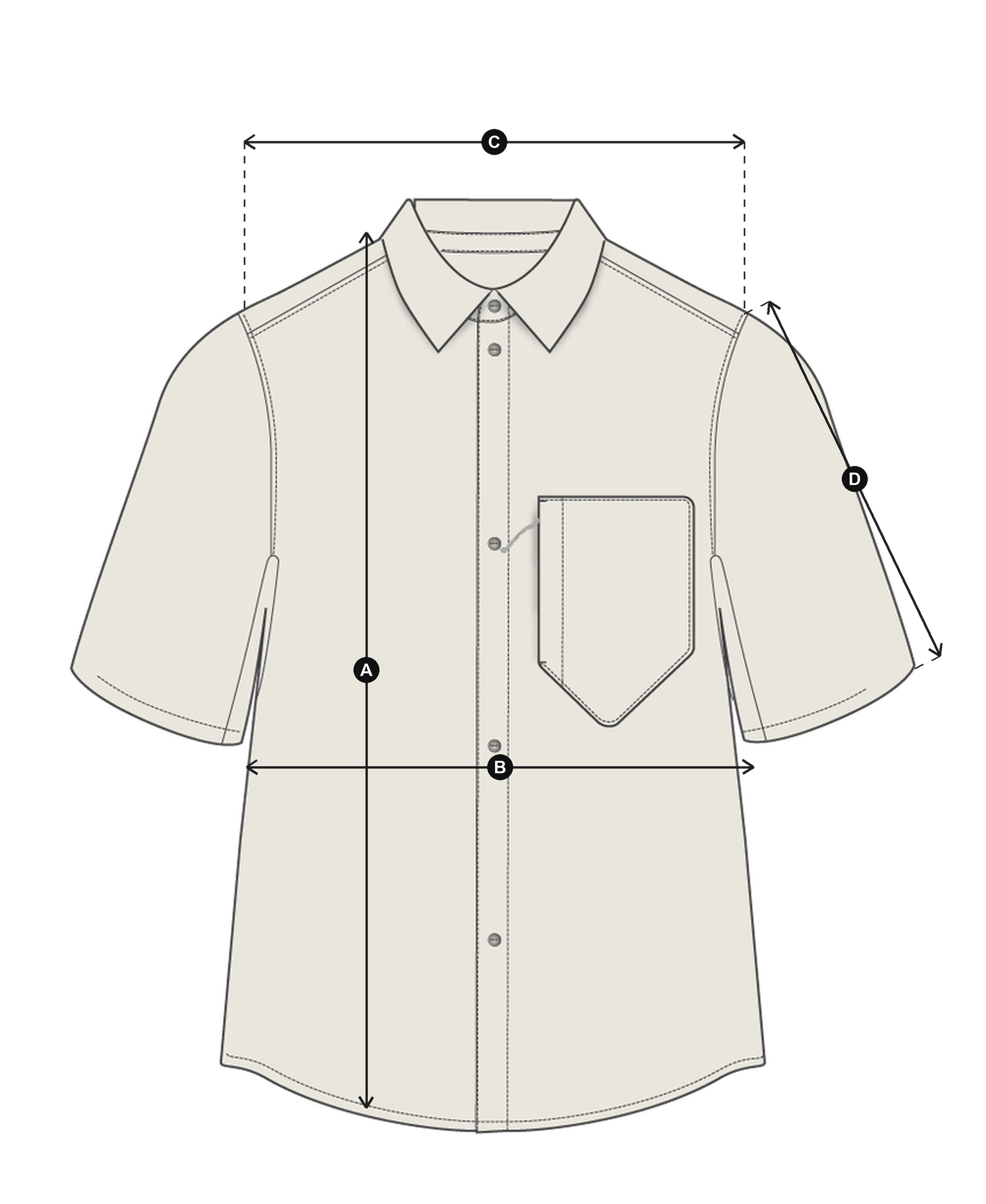 Daylight™ Technical Short Sleeve Shirt in Beachwood, laid flat with measurements A to D