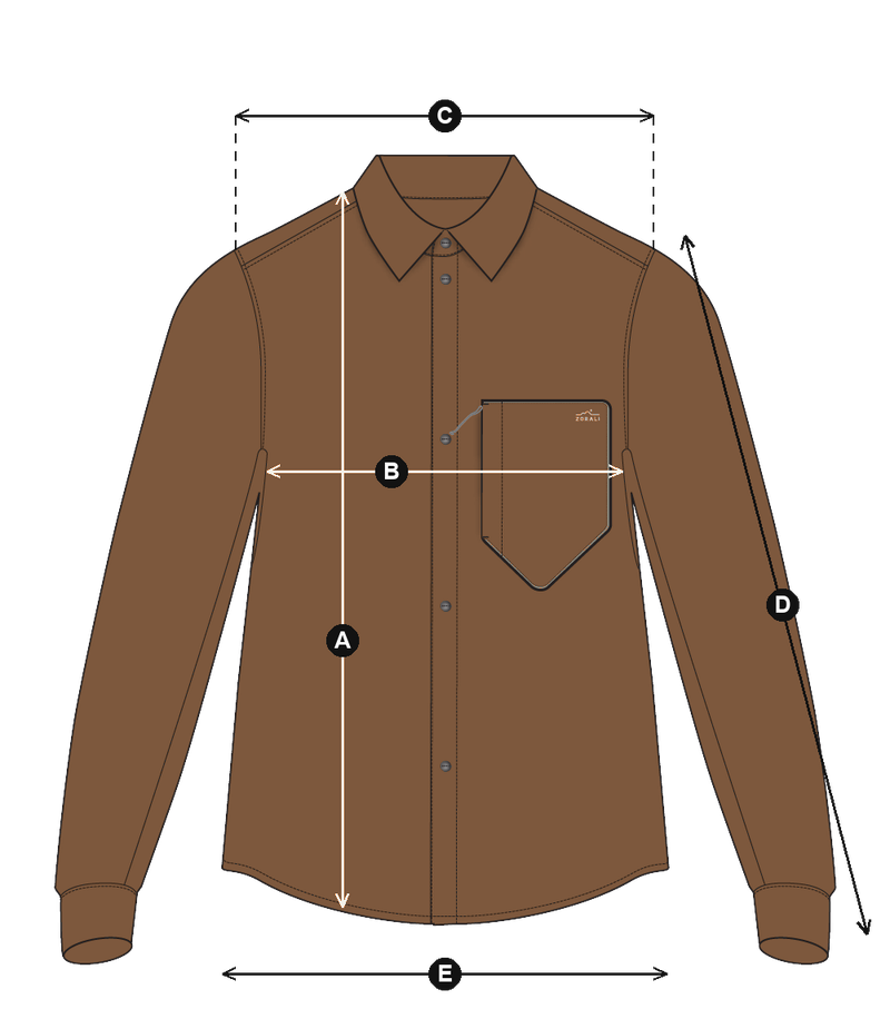 Shirt laid flat with measurements A to E