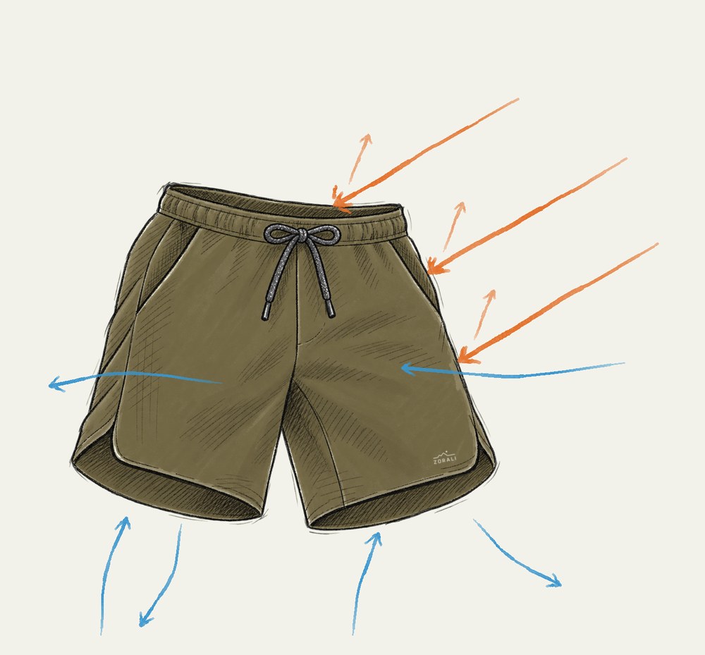Sketch of the shorts showing sun on the waistband and airflow through the leg openings