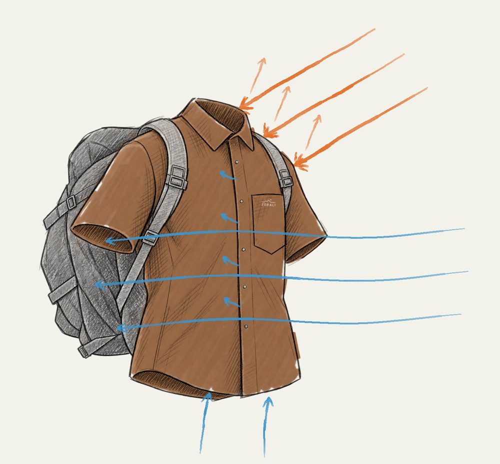 Sketch of the short sleeve shirt showing sun and airflow through the body and sleeves
